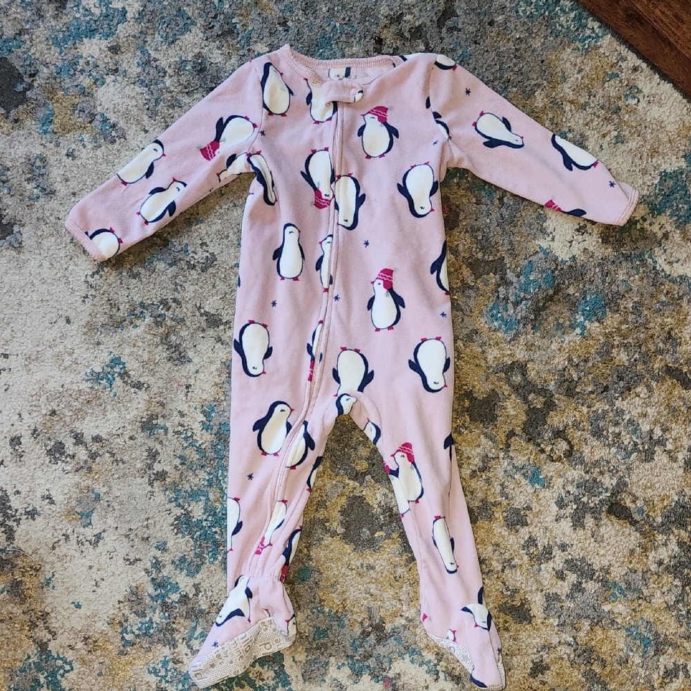 Child Of Minr Carter's One Piece Full Zip Pink Penguin Footie Pajamas 18M